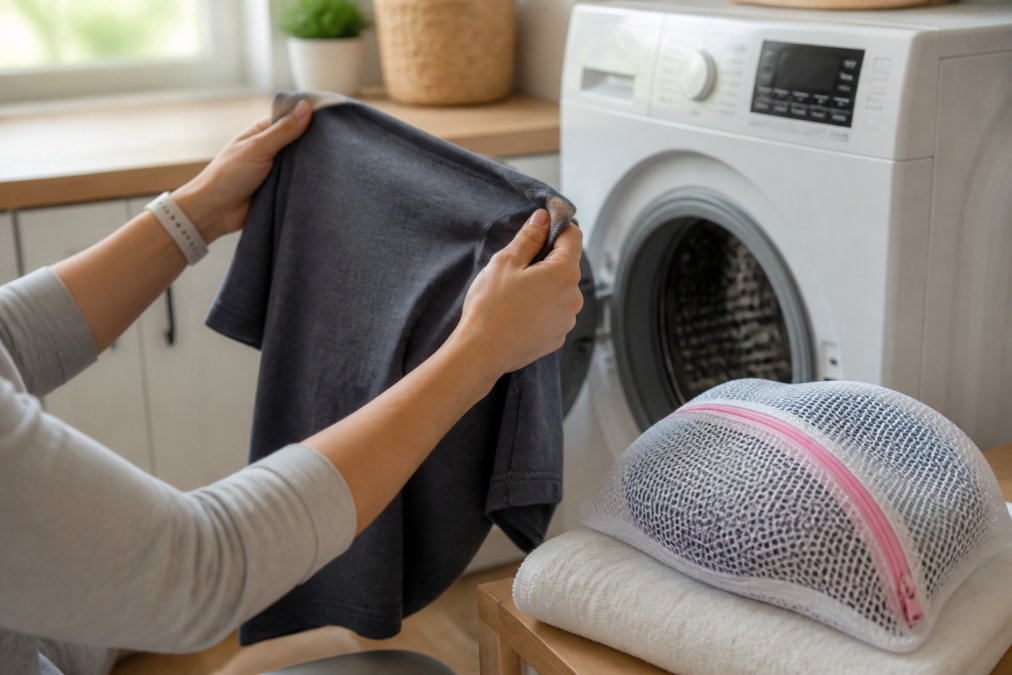 Close-up of hands turning a graphic t-shirt inside out next to a white front-loading washing machine, with a small mesh laundry bag sitting on a folded towel on the laundry room counter, natural window light