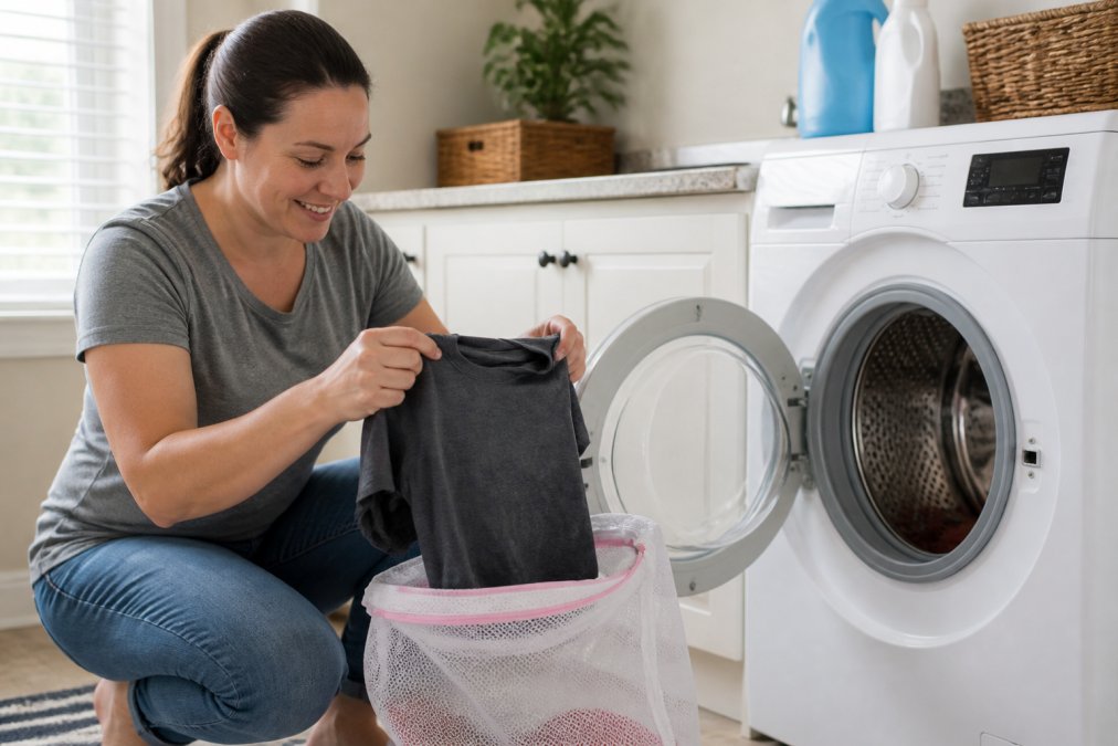 A person turning a graphic t-shirt inside out before placing it into a mesh laundry bag next to a washing machine in a bright laundry room