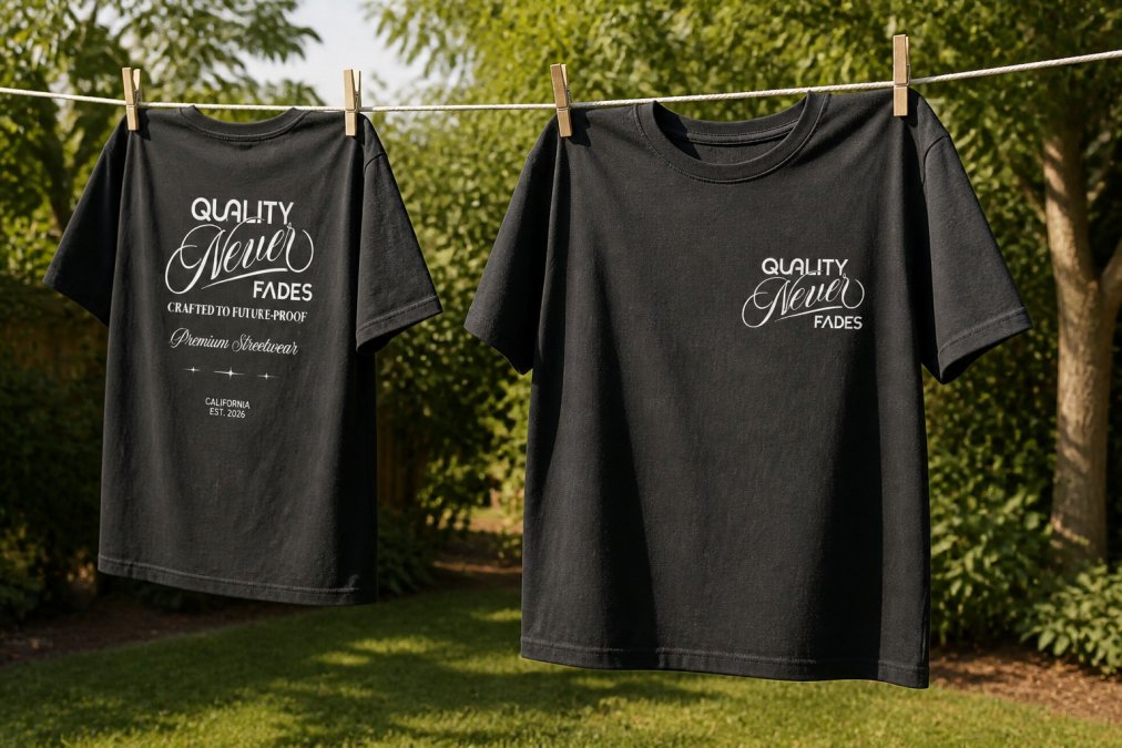 Graphic t-shirts hanging on a clothesline outdoors in natural sunlight, demonstrating proper air-drying technique with gentle breeze
