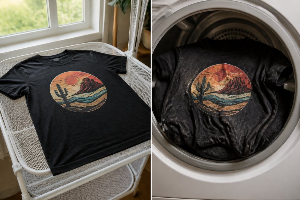 A graphic t-shirt laid flat on a white mesh drying rack indoors near a bright sunlit window, the printed design clearly visible and undistorted, natural afternoon light
