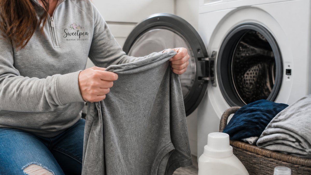 A person carefully turning a graphic t-shirt inside out before placing it in a washing machine, with a laundry basket and detergent nearby in a bright home laundry room