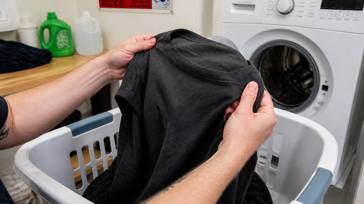 Close-up of hands turning a graphic t-shirt inside out over a laundry basket, with a washing machine visible in the background