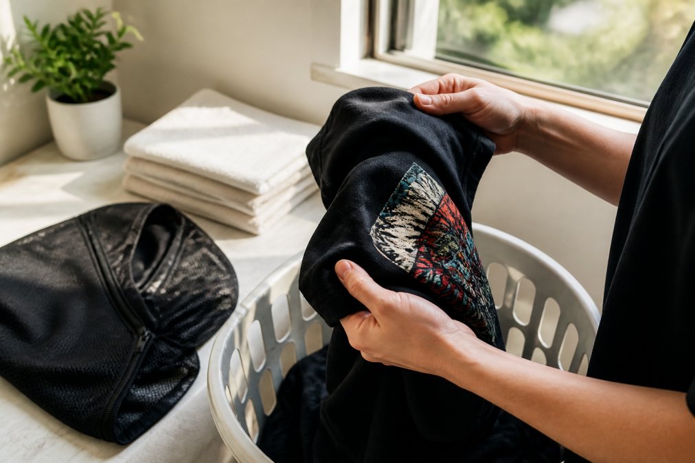 Close-up of hands turning a bold graphic tee inside out over a laundry basket, with a mesh laundry bag visible nearby on a clean white folded surface, warm natural light from a window
