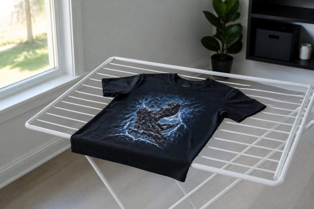 A bold graphic tee laid flat on a clean white drying rack in a well-lit room with soft indirect light, print face-up and undamaged, positioned away from a nearby window showing bright outdoor sunlight