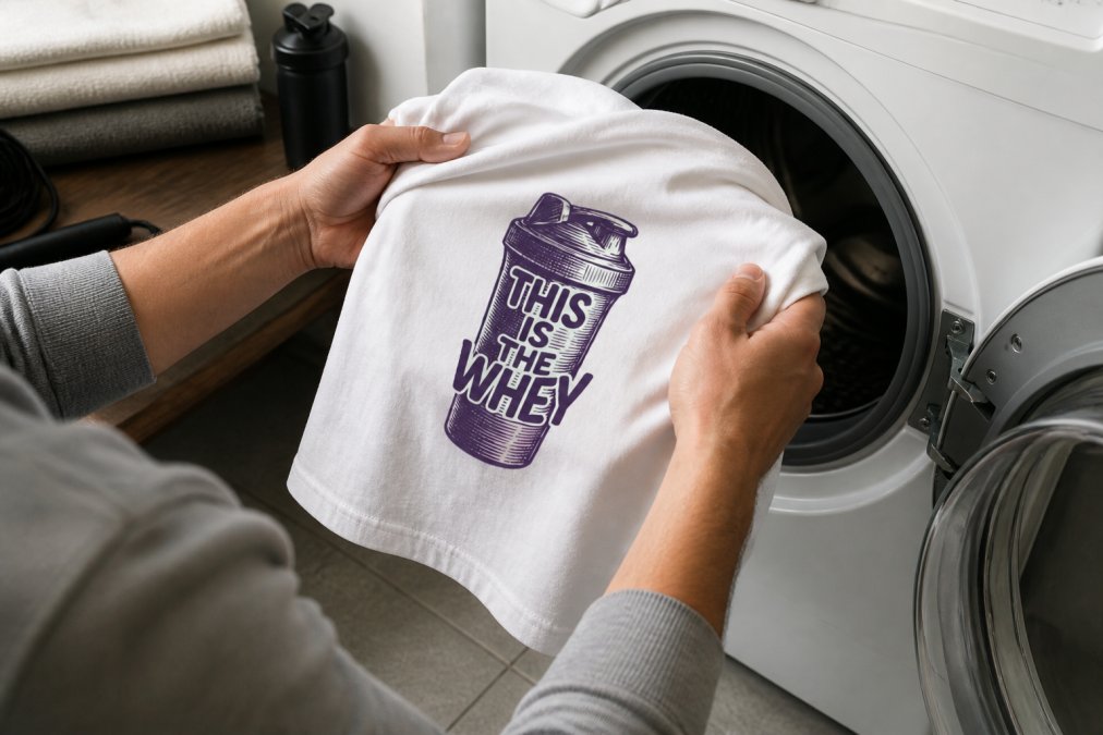 Close-up of hands turning a graphic tee inside out before placing it in a washing machine, with natural light illuminating the print detail