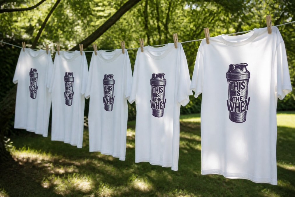 Several graphic tees hanging on a clothesline in a shaded, cool outdoor area with soft natural light filtering through trees, away from direct sunlight