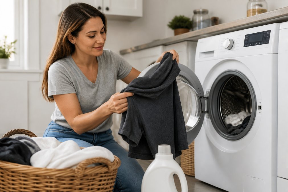 Person turning a graphic t-shirt inside out before placing it into a front-loading washing machine