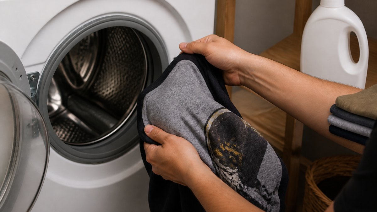 Close-up of hands turning a printed cotton T-shirt inside out next to a washing machine, with a bottle of mild detergent on a shelf nearby