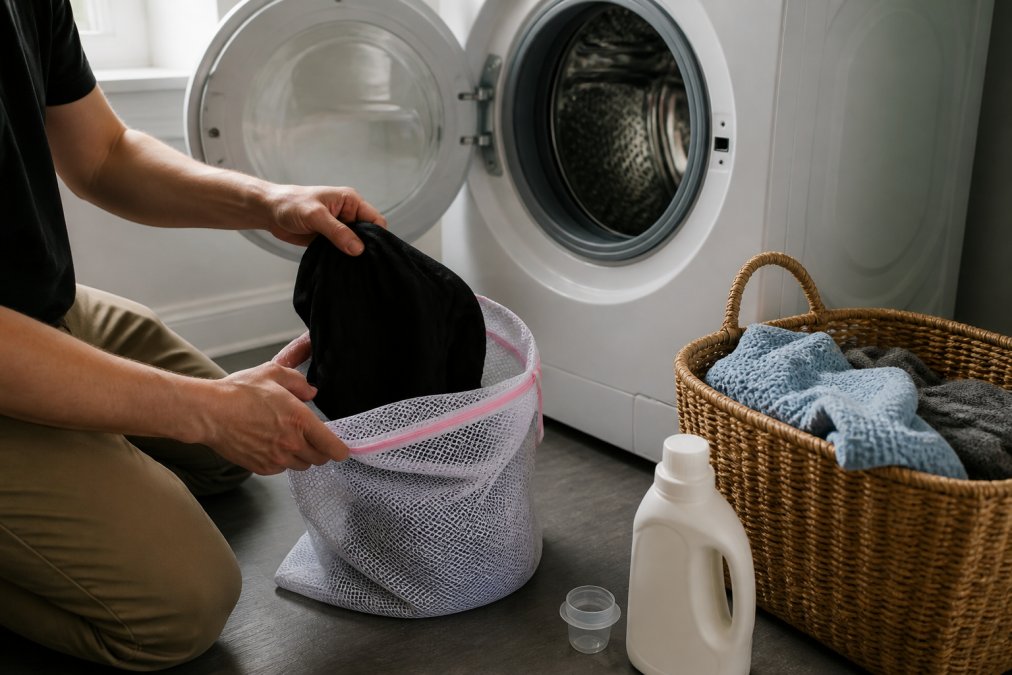 Close-up of hands turning a black graphic t-shirt inside out and placing it into an open mesh laundry bag beside a modern front-loading washing machine in a bright laundry room