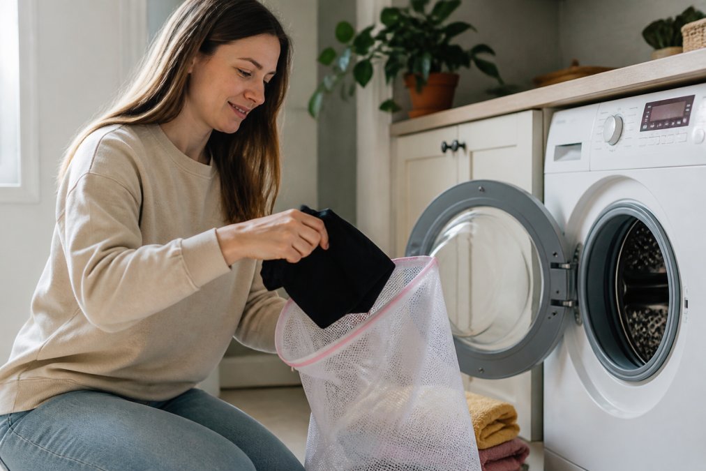 A person carefully folding a graphic t-shirt inside out and placing it into a white mesh laundry bag beside a front-loading washing machine in a bright laundry room