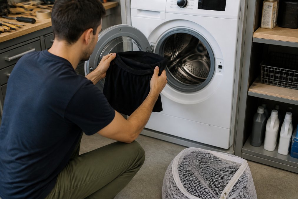 A person turning a graphic t-shirt inside out before placing it into a front-loading washing machine, with a mesh laundry bag visible on the floor nearby