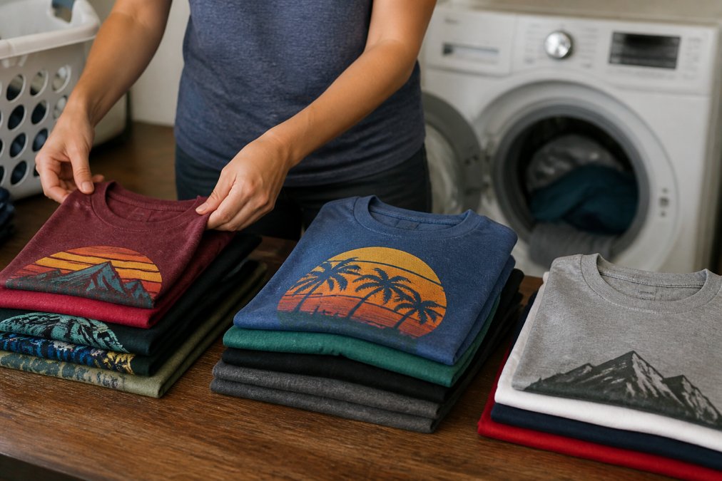 Close-up of hands sorting colorful graphic tees by fabric type and color before washing, with a washing machine in the background