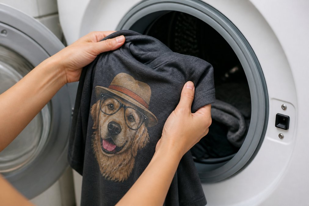 Close-up of hands turning a graphic tee inside out over a washing machine, showing careful handling of the garment with the printed design visible
