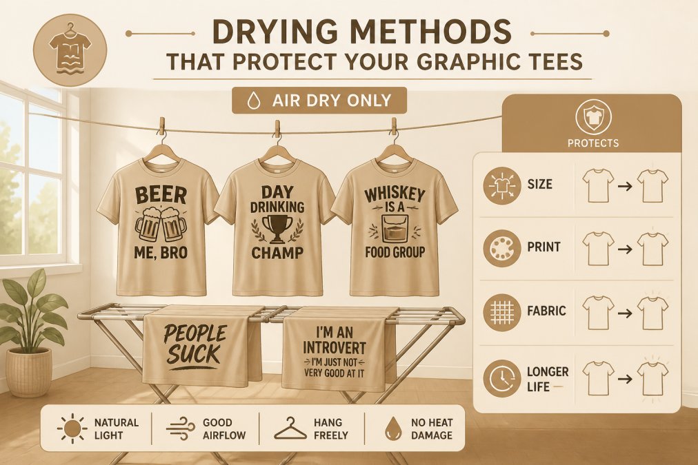 Graphic tees hanging on a clothesline or drying rack indoors with natural light, showing proper air-drying technique