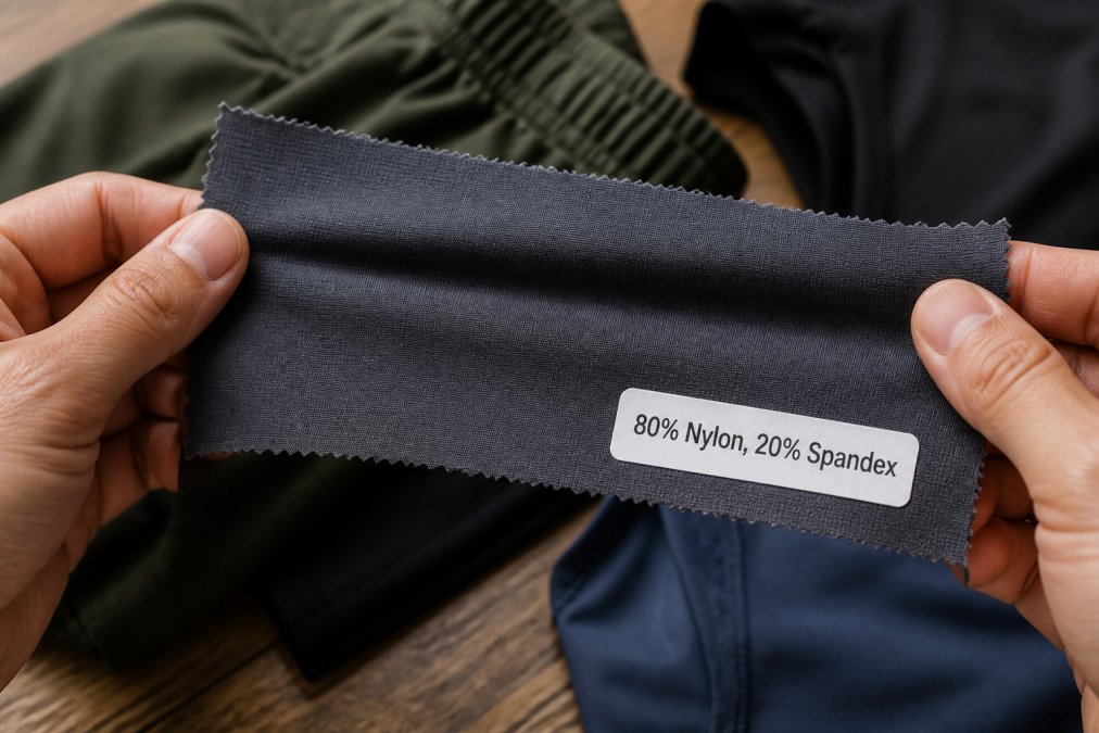 Close-up of a fabric swatch being stretched between two hands, showing the weave structure and elastane fibers, with a label reading '80% Nylon, 20% Spandex'