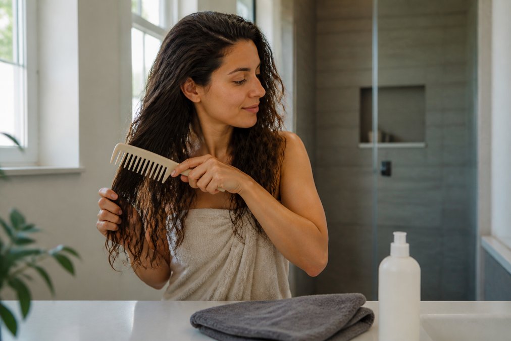 Woman with long wavy hair gently detangling her locks with a wide-tooth comb in a bright bathroom setting