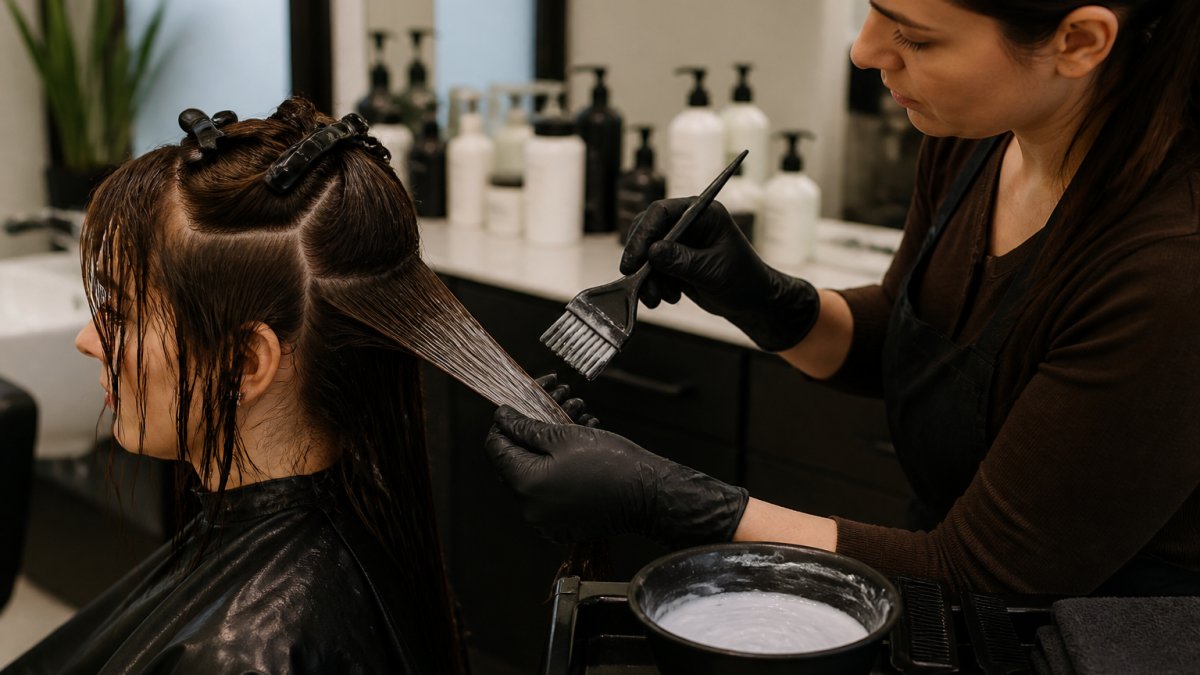 Professional stylist applying protective conditioning mask to client's hair in sections, using applicator brush on mid-lengths and ends, salon counter with products visible