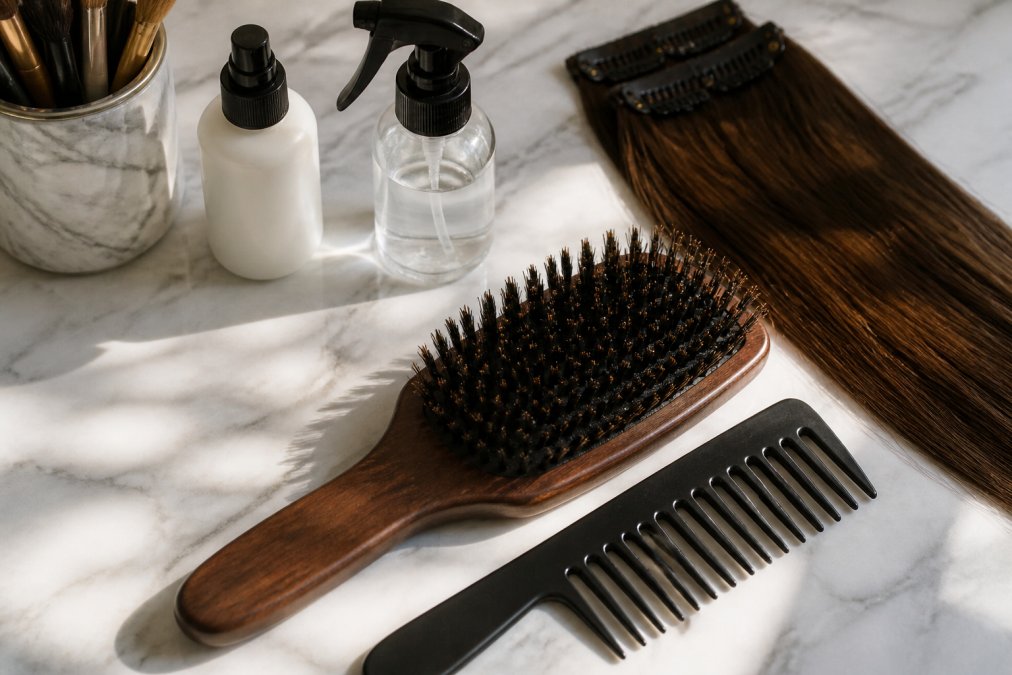 Close-up flat lay of a boar bristle brush and a wide-tooth comb placed on a marble surface alongside a small bottle of leave-in conditioner and a detangling spray, photographed in soft natural light