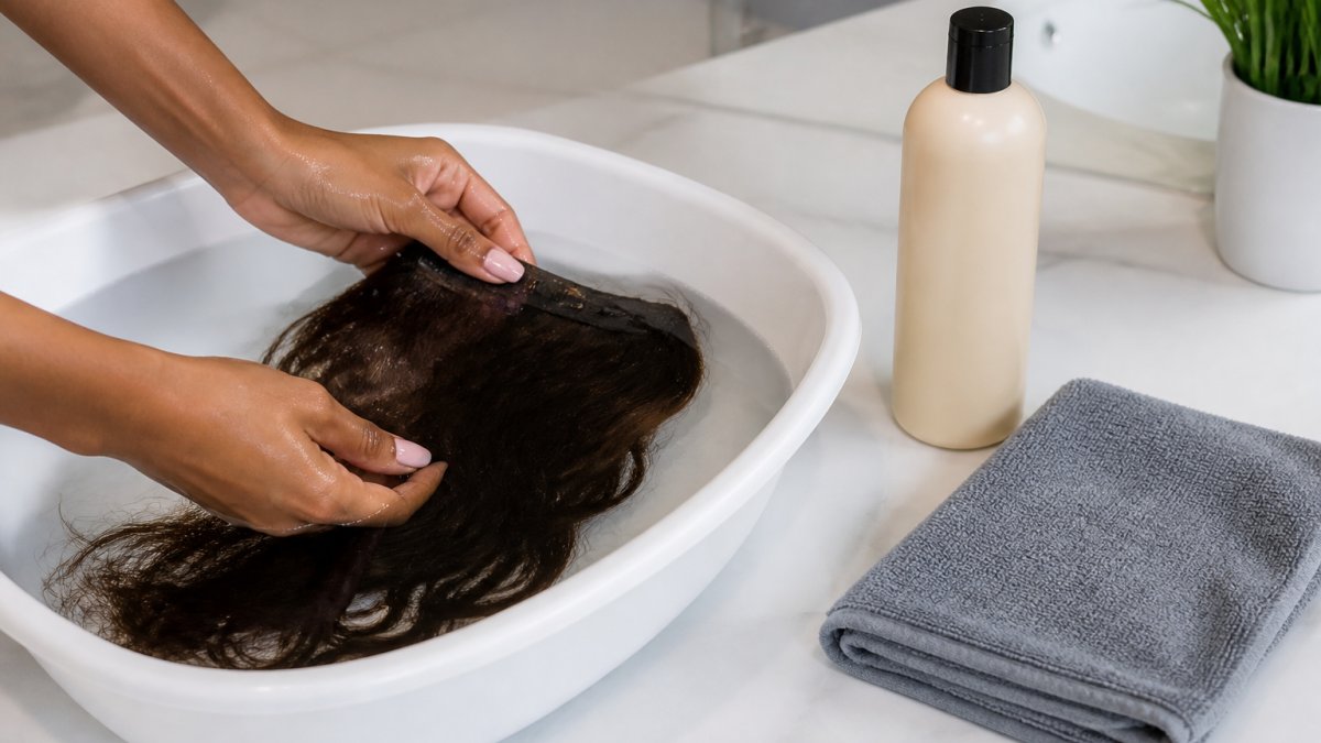 Close-up of a woman's hands gently washing a clip-in human hair extension weft in a basin of cool water, with a bottle of moisturising shampoo and a folded microfibre towel beside the basin on a bright bathroom counter