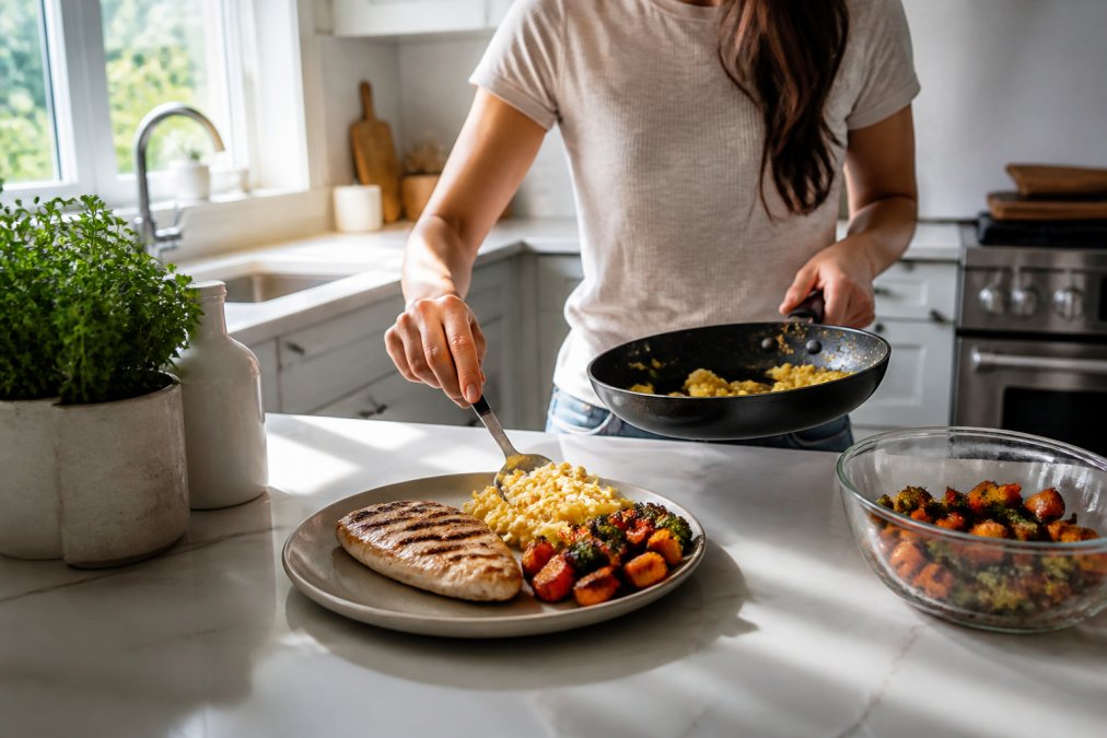 A person preparing a protein-rich meal to help prevent hair loss on semaglutide in a sunlit kitchen.