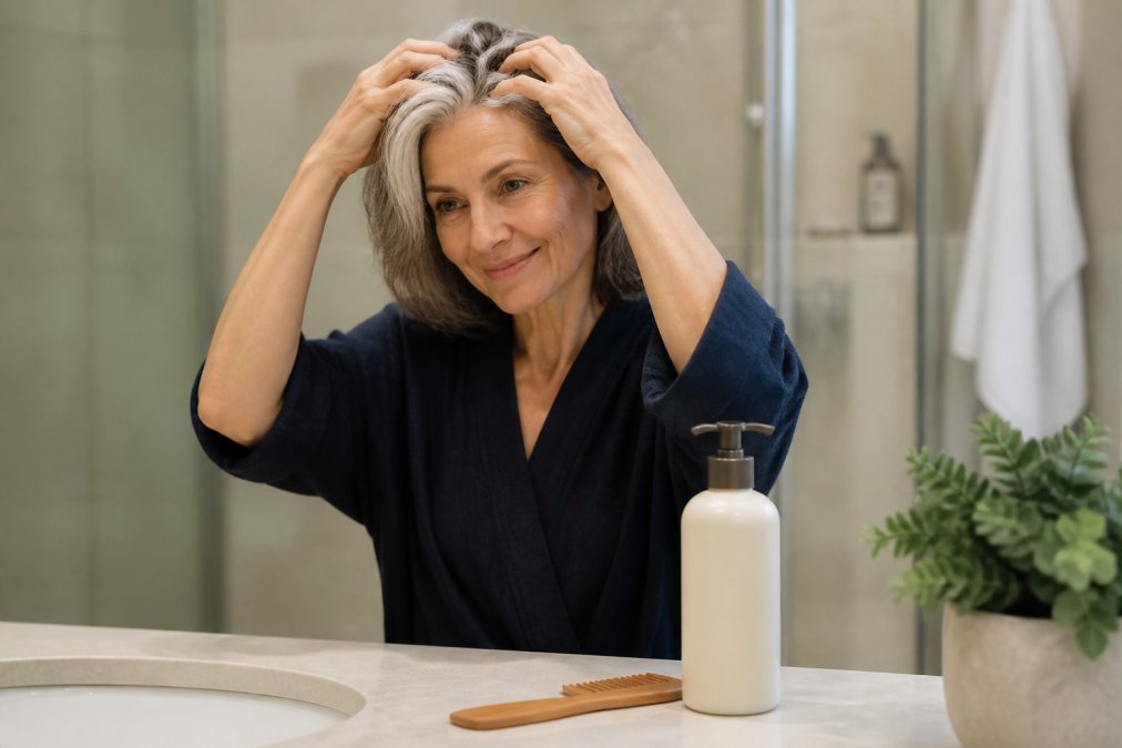A woman in her fifties with silver-streaked hair gently massaging her scalp with fingertips in a bright bathroom, a bottle of sulfate-free shampoo and a wooden comb on the counter beside her