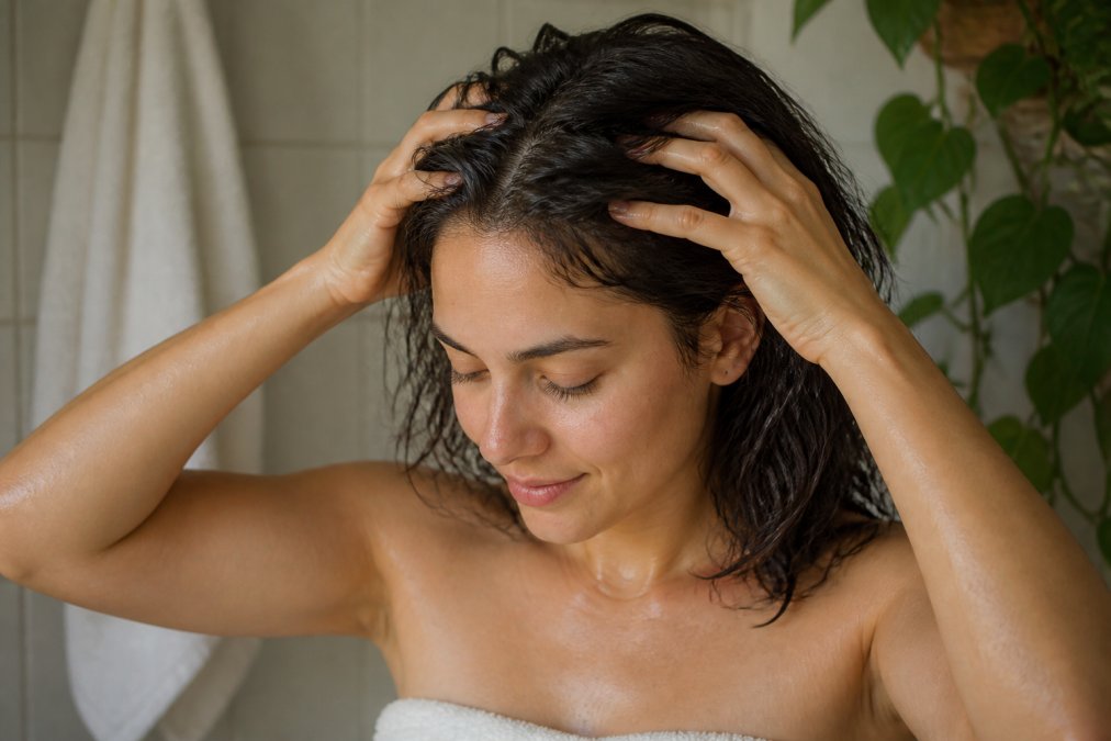 Close-up of a woman's hands gently massaging her own scalp with fingertips, showing the correct technique on damp hair in a bright, calm bathroom setting