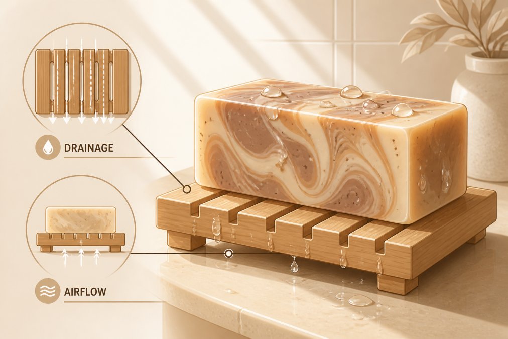 Close-up of a handmade bar of soap with rich swirled colors resting on a wooden soap deck with visible drainage slots, water droplets glistening on the soap surface, soft natural morning light streaming across the bathroom counter