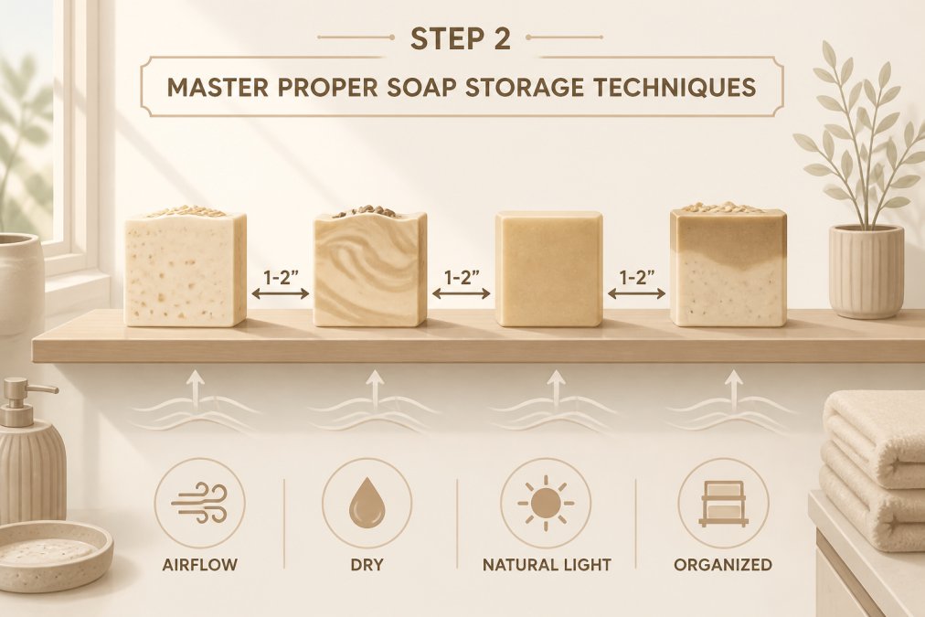 Modern bathroom shelf displaying four handmade soap bars with varying colors and textures, positioned with visible space between each bar, bright natural daylight from window illuminating the shelf, showing excellent air circulation and organized arrangement