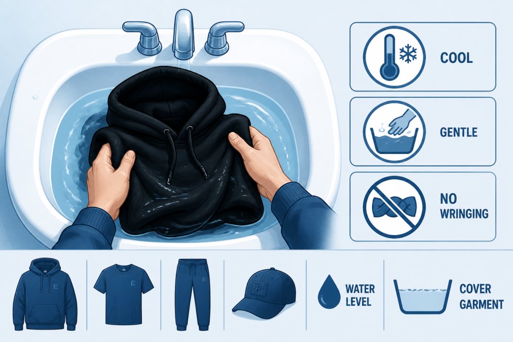 Hands gently submerging a black hoodie in cool water in a white ceramic sink, showing delicate hand-washing technique with water droplets visible