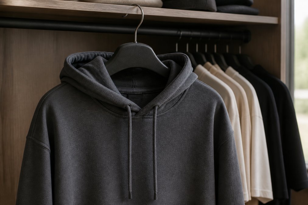 A charcoal gray hoodie hanging on a wide padded hanger in a closet with soft natural light, showing the neckline relaxed and unstretched