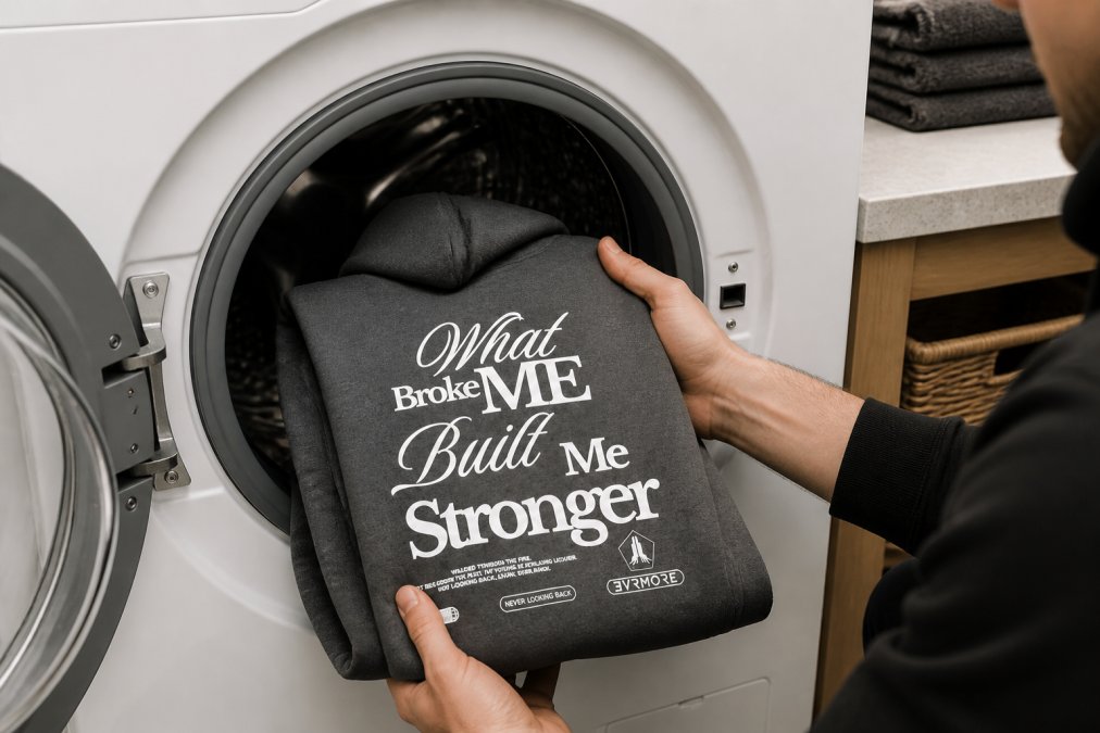 Hands carefully placing a heavyweight hoodie into a washing machine with the cold water setting and delicate cycle clearly visible on the control panel