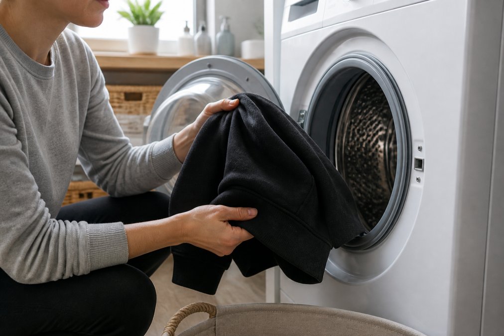 Close-up of hands turning a dark hoodie inside out before placing it into a front-loading washing machine, laundry room setting with soft natural light