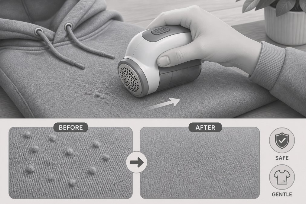 Close-up of a hand holding a fabric shaver against the surface of a gray fleece hoodie, removing small pills on a wooden table with warm ambient lighting