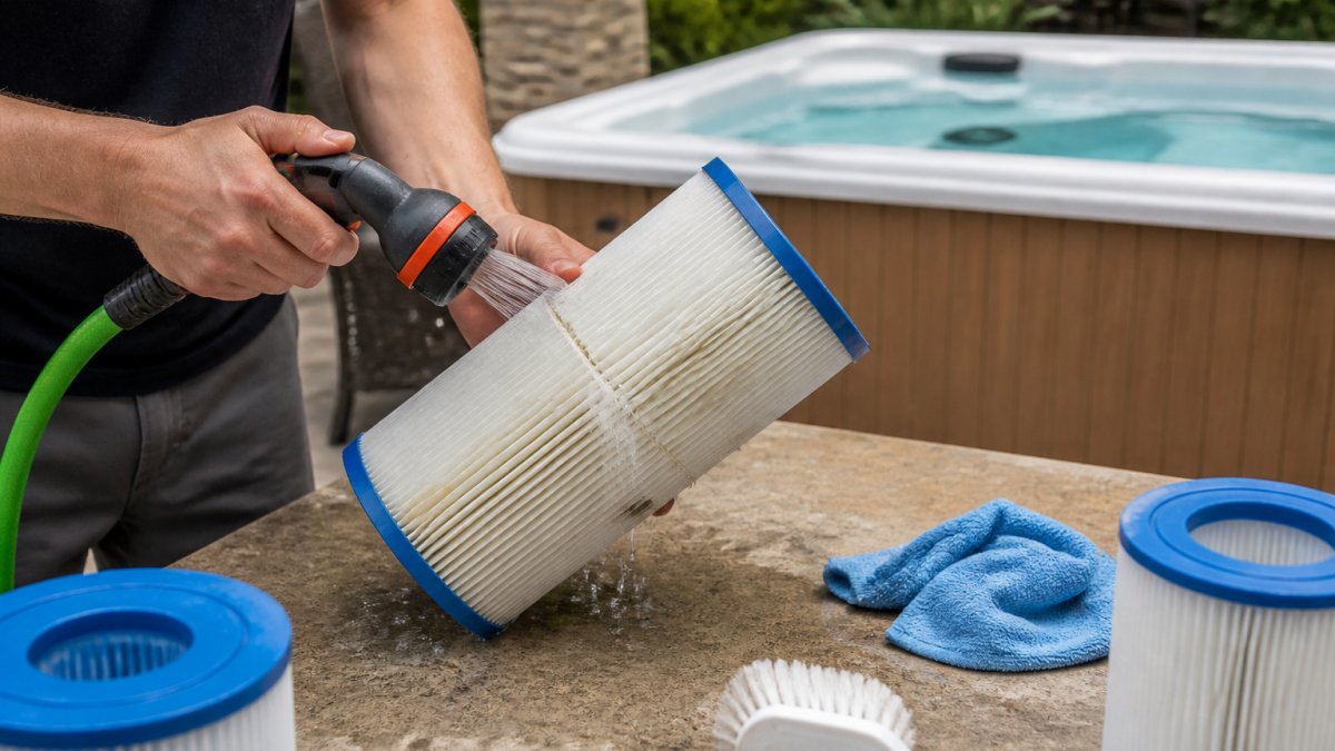 Close-up of hands rinsing a pleated hot tub filter cartridge with a garden hose spray nozzle, water droplets visible on the filter pleats, outdoor patio setting with a spa in the background