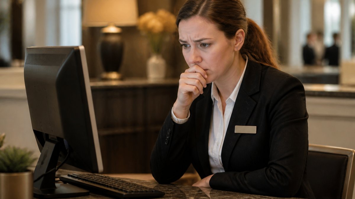 Hotel staff member at front desk reviewing a suspicious email on their computer screen with a concerned expression, natural office lighting