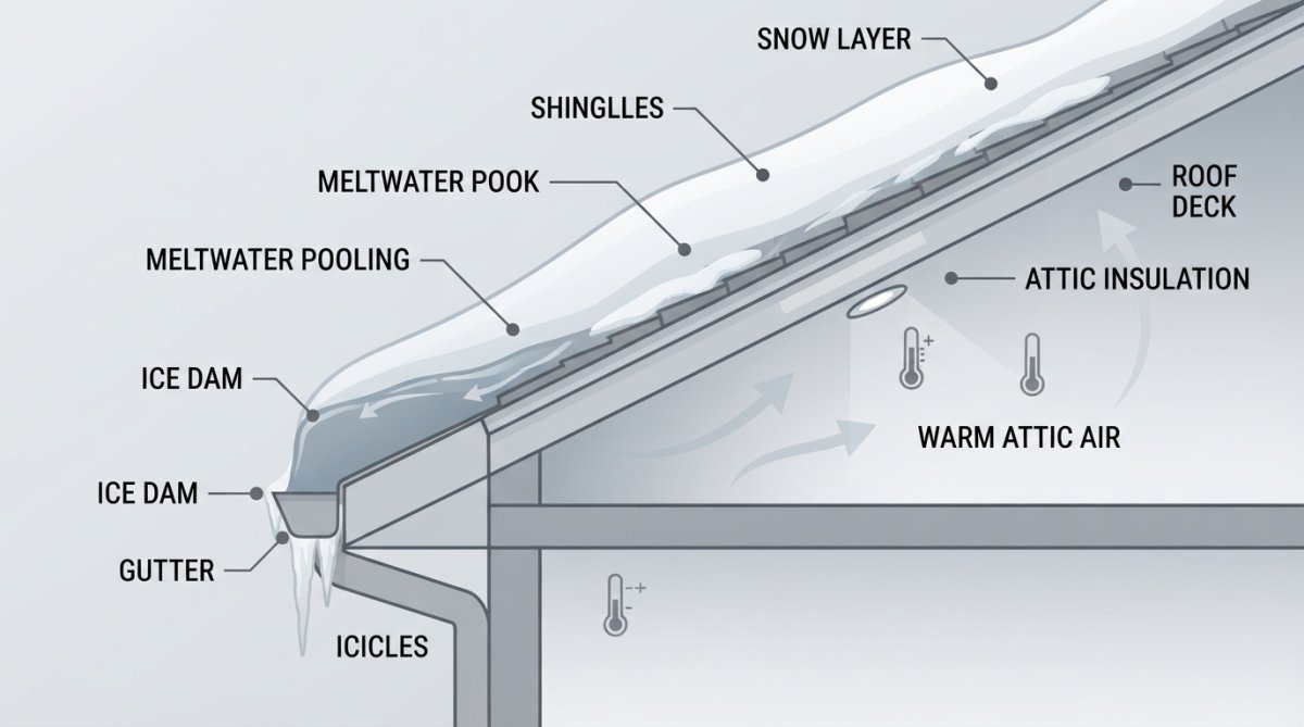 Close-up of ice dam forming along a roof eave with icicles hanging down, showing water pooling beneath snow on shingles during Ohio winter