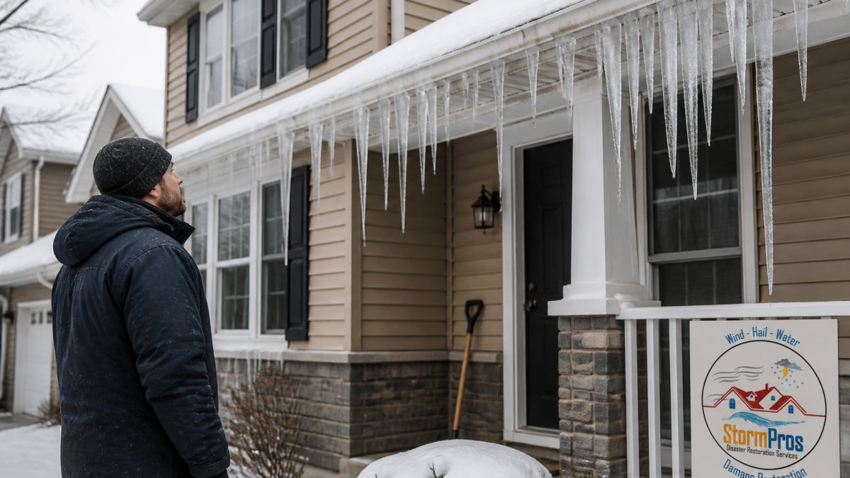 Homeowner looking at thick icicles on a snowy roof while trying to prevent ice dams on their two-story house.