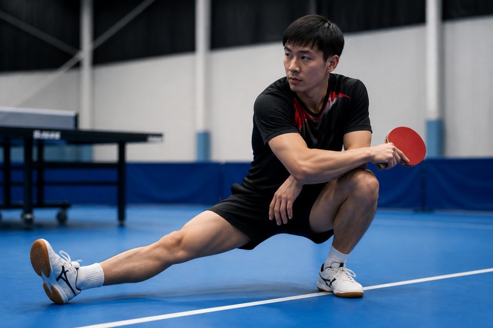 A table tennis player performing a dynamic warm-up stretch with a racket in hand on a blue court, focused expression, natural lighting