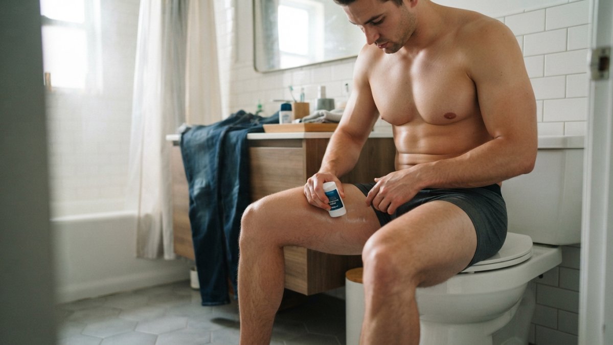 Step-by-step diagram showing how to apply anti-chafing balm to inner thighs before wearing denim jeans