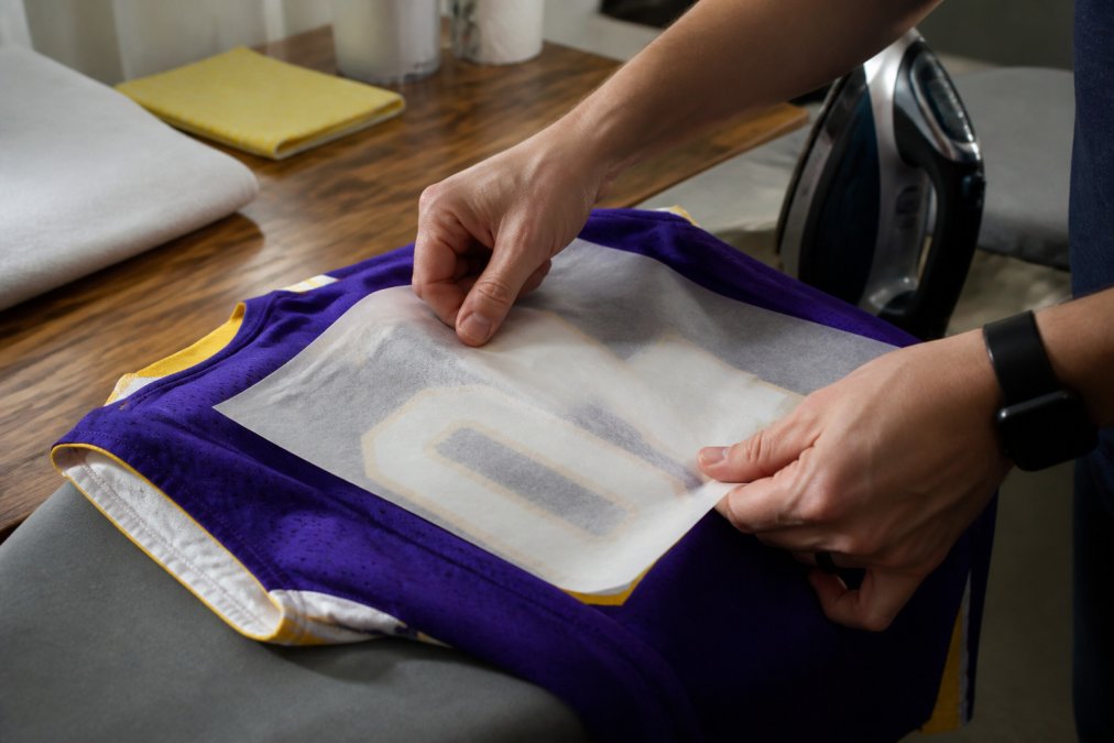 Close-up of hands carefully positioning parchment paper over peeling vinyl lettering on a sports jersey laid flat on an ironing board, with a household iron visible in the background