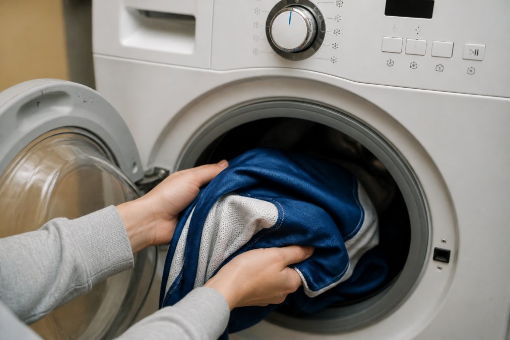 Jersey turned inside out in a washing machine set to cold to show how to prevent jersey numbers from peeling.