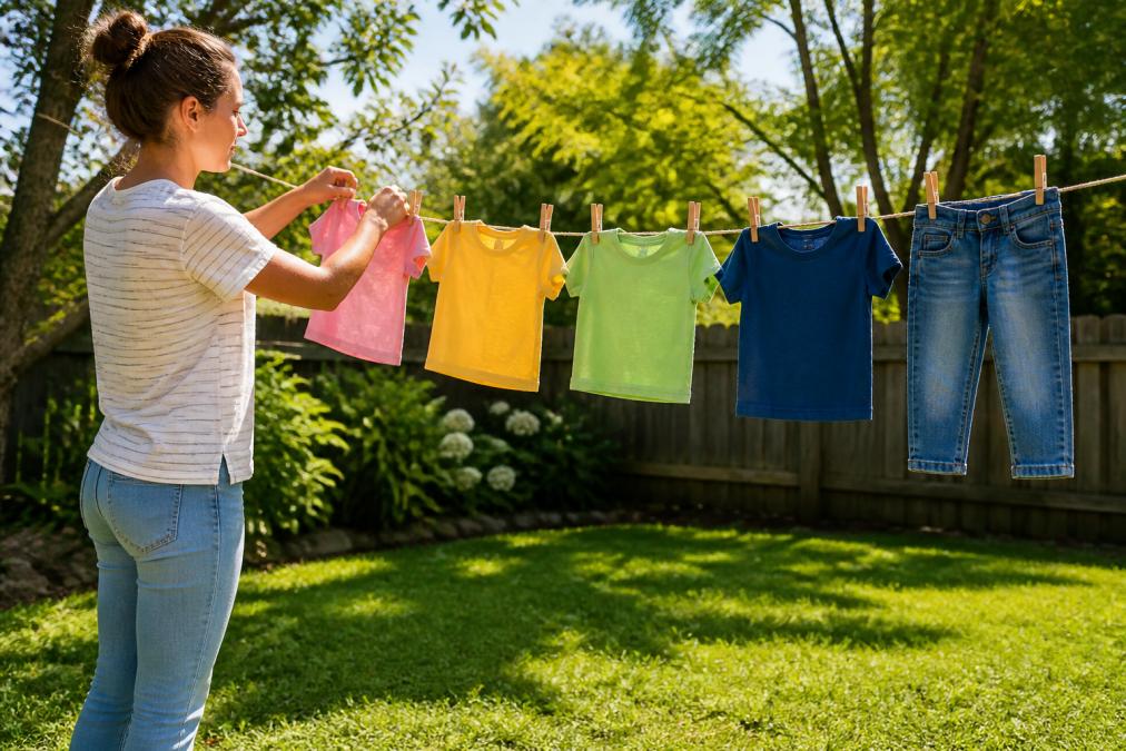 A parent hanging colorful kids' t-shirts and tiny jeans on a clothesline in a sunny backyard, wooden clothespins clipped to the fabric, green grass and a fence visible behind them