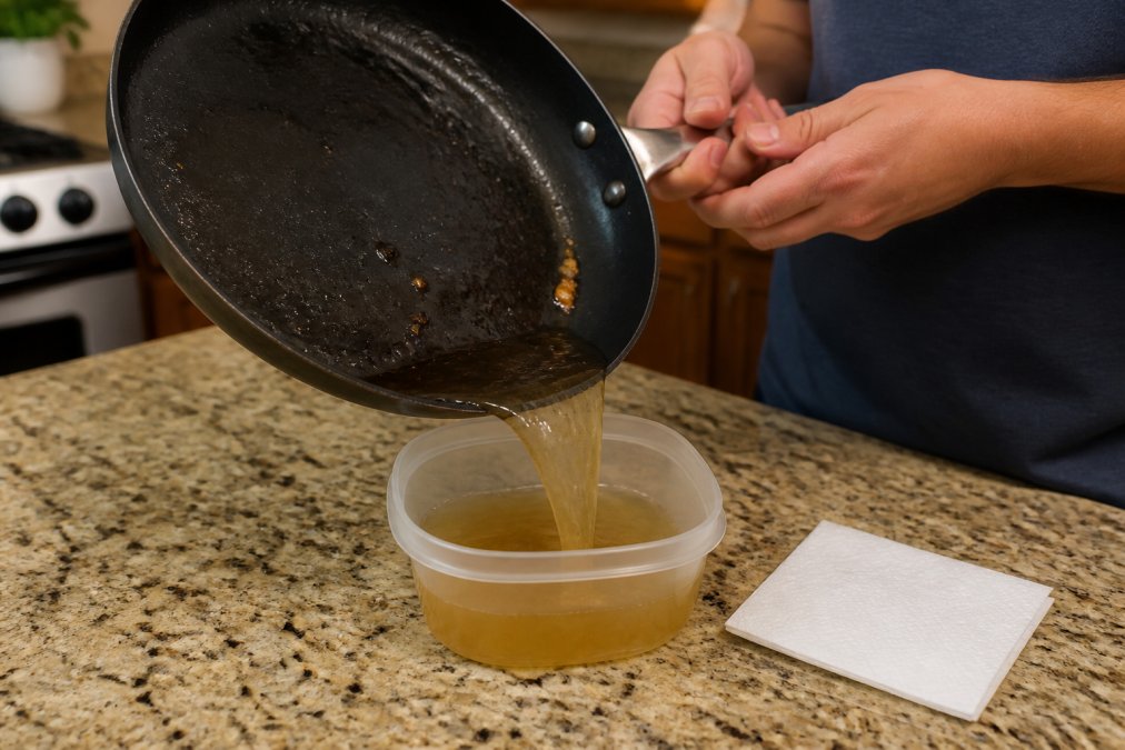 Hands pouring cooled, solidified grease from a skillet into a labeled sealable plastic container on a kitchen counter, with a paper towel nearby