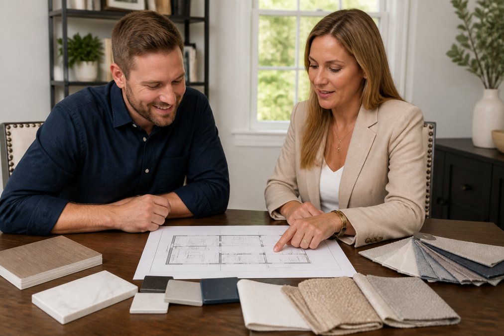 Homeowner and designer reviewing kitchen remodel cost plans and fabric samples on a dining table.