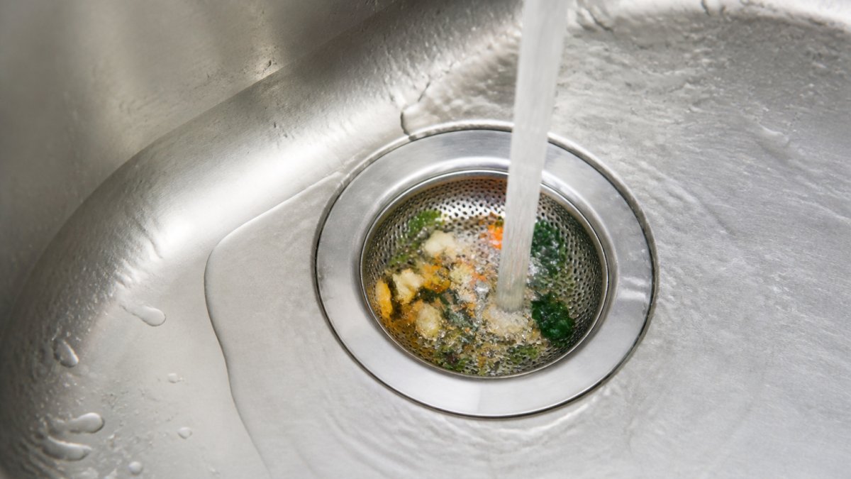 Close-up of a stainless steel sink strainer catching food particles and vegetable scraps in a clean kitchen sink with running water