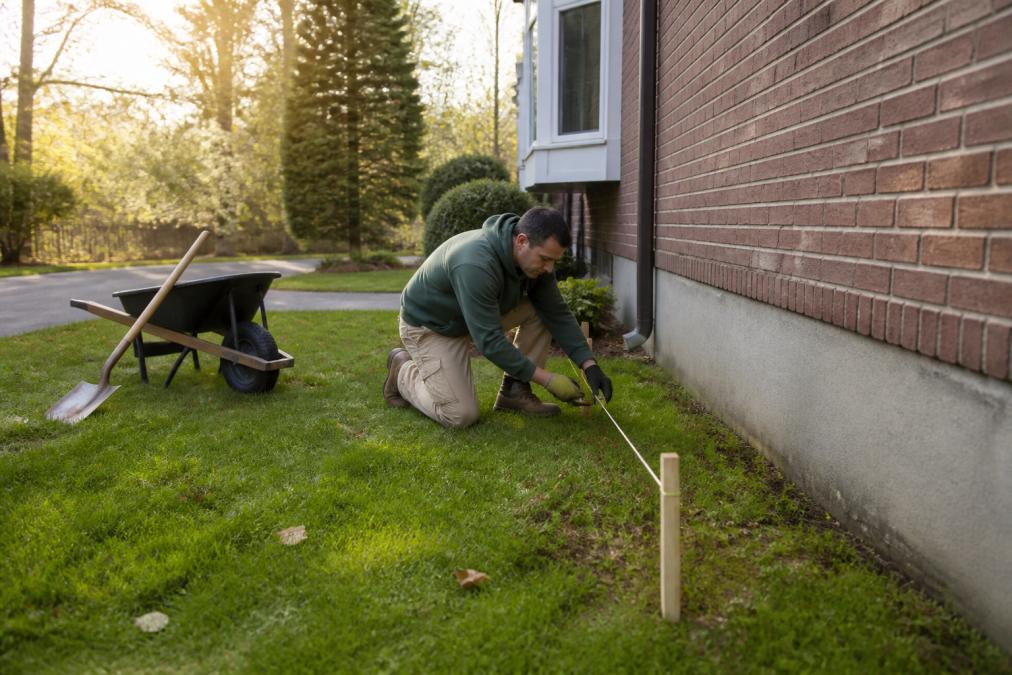 Landscape professional using a string level to check yard slope for proper landscape drainage near a foundation