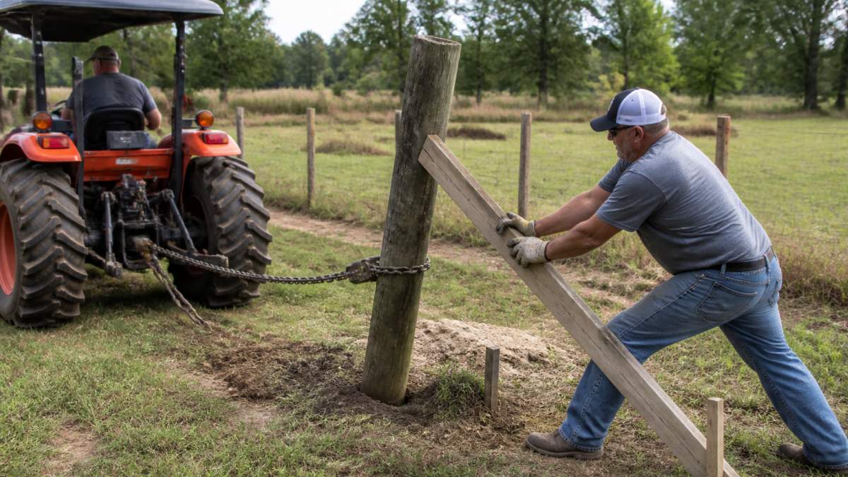 Close-up of a homeowner using a chain attached to a tractor to gently pull a leaning wooden fence post toward vertical while a helper braces it with angled 2-by-4 lumber secured with stakes driven into the ground