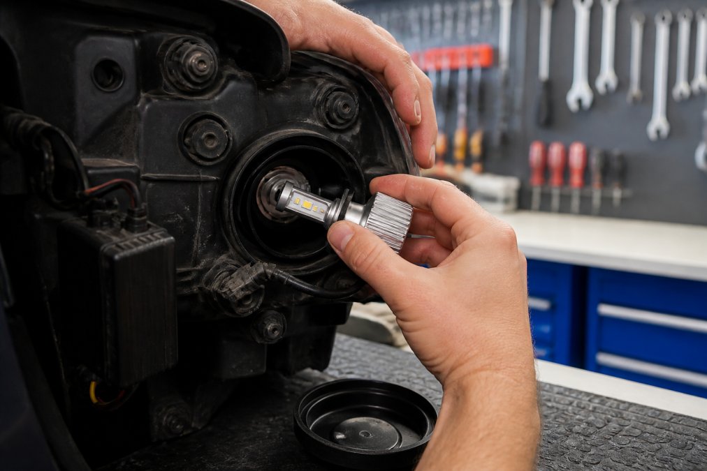 Hands installing an LED headlight bulb with a visible heat sink into a vehicle housing in a garage setting