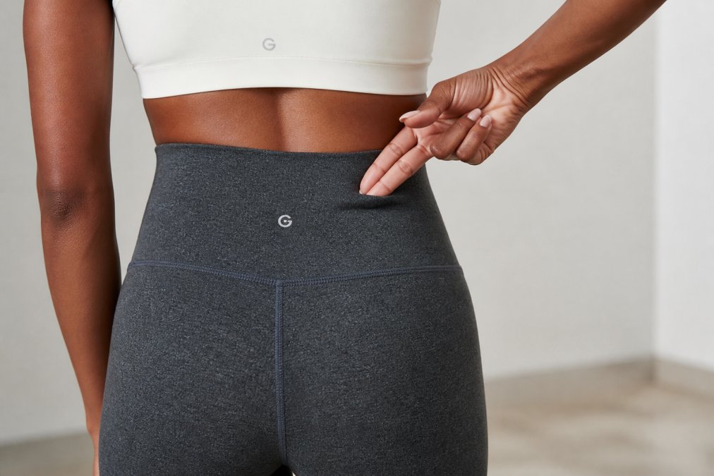 Woman demonstrating the two-finger fit test on the back waistband of black leggings, showing proper hand placement and tension against the fabric