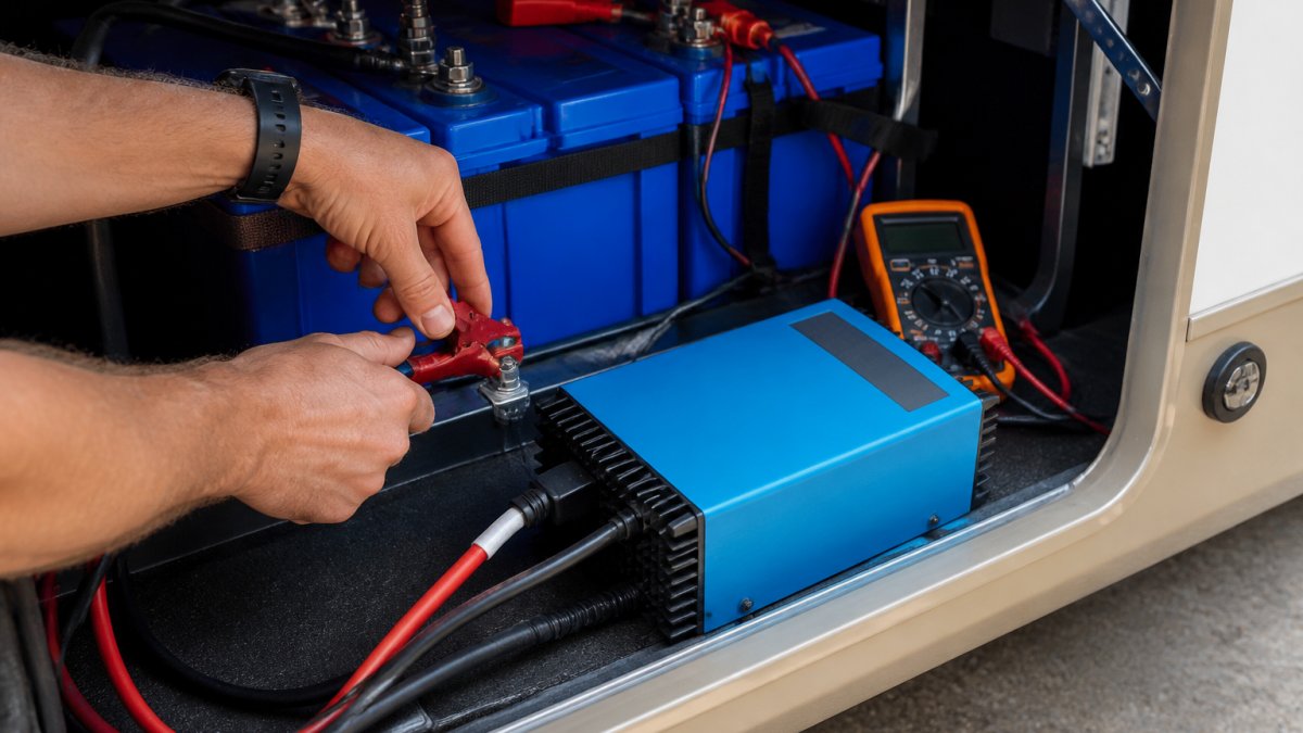 Close-up of hands connecting a smart lithium battery charger to a battery terminal inside an RV battery compartment, with a multimeter resting nearby